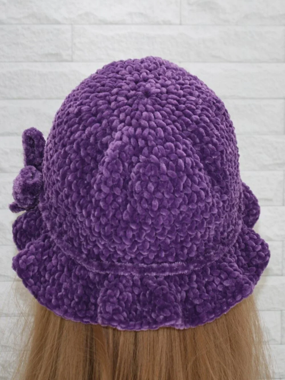 HAND CRAFTED Hat Crochet Bucket Chenille Winter Medium Ruffle Wide Brim Purple
